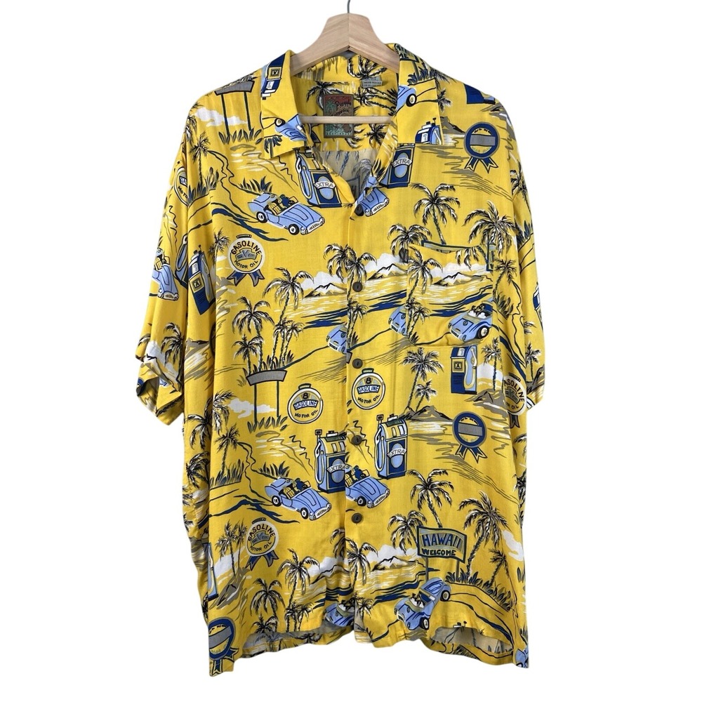 Vintage Pineapple Connection Mens‎ L Yellow Blue Hawaiian Shirt Cars Gas Motors